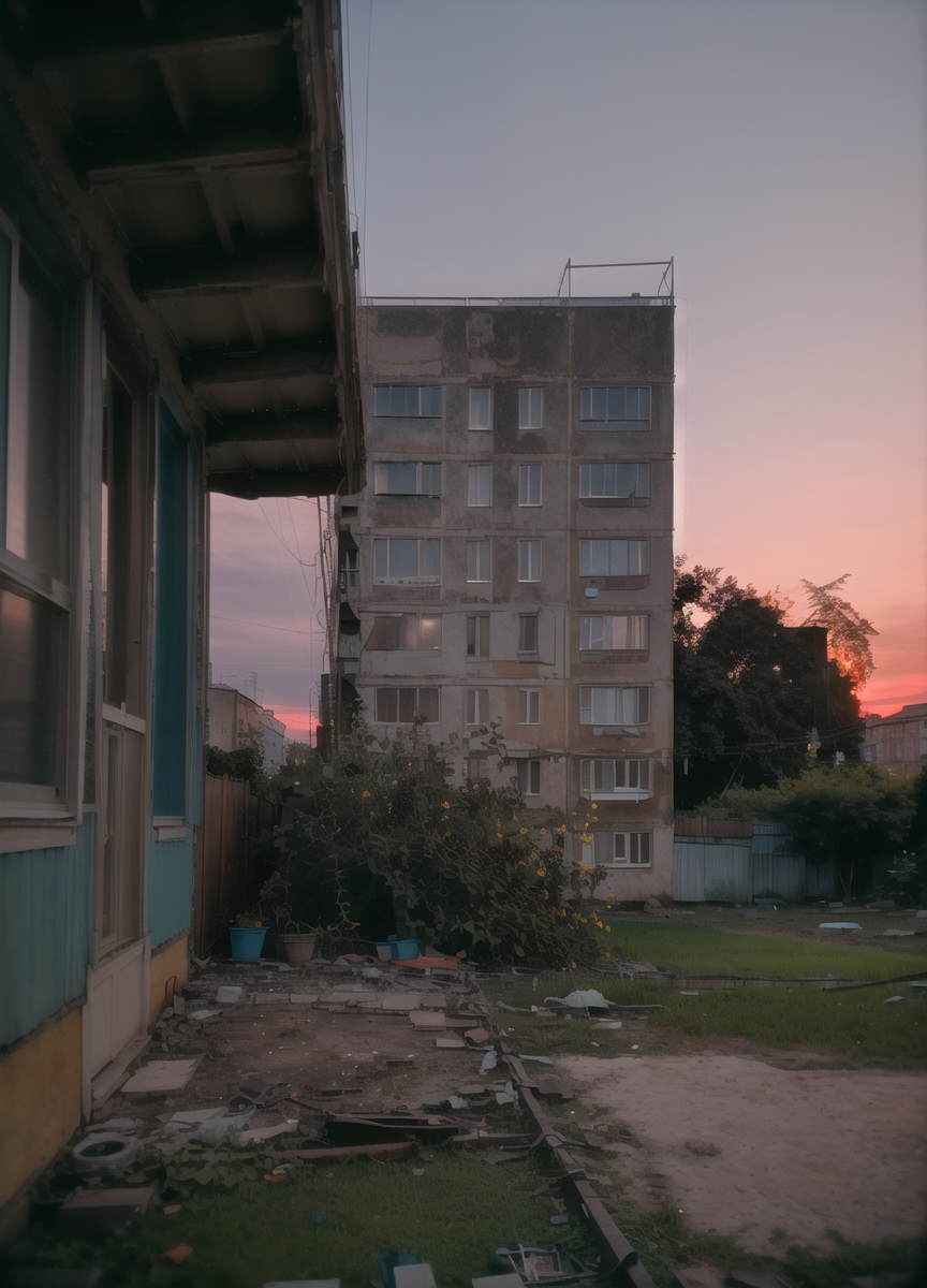 14085-1121918936-ground view, yard with large buildings, russianebenya, sunset, trees and bushes, movie still, 30mm lens, polaroid, analog photo,.png